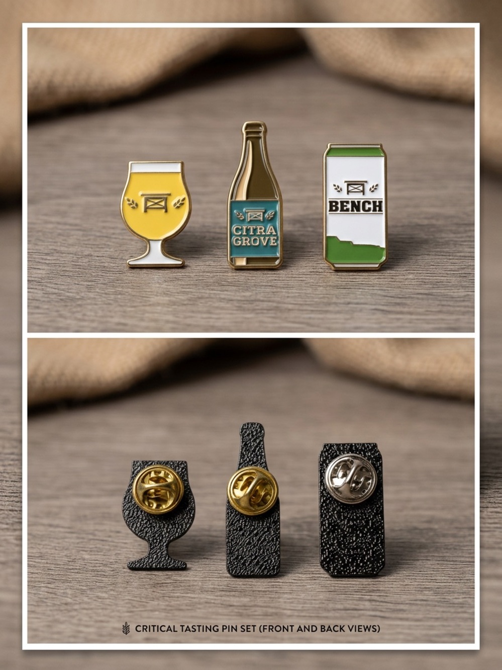 Bench Brewing Co Enamel Pin Set - Citra Grove Bottle, Beer Can & Glass - Ontario